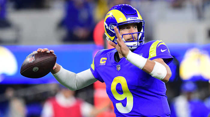 Los Angeles Rams quarterback Matthew Stafford (9) throws a pass against the San Francisco 49ers.